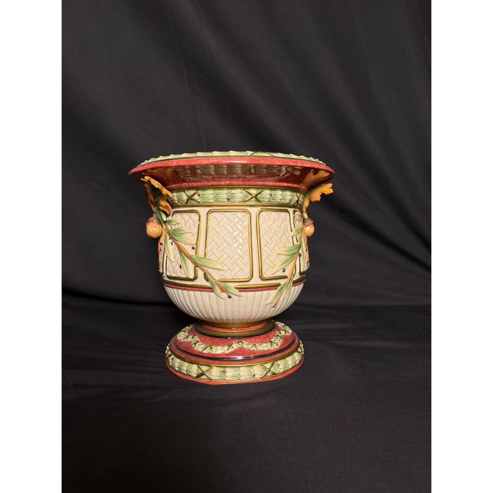 Fritz & Floyd Urn Home Decor Large Cream Red Good Acorn Oak Leaf Majolica